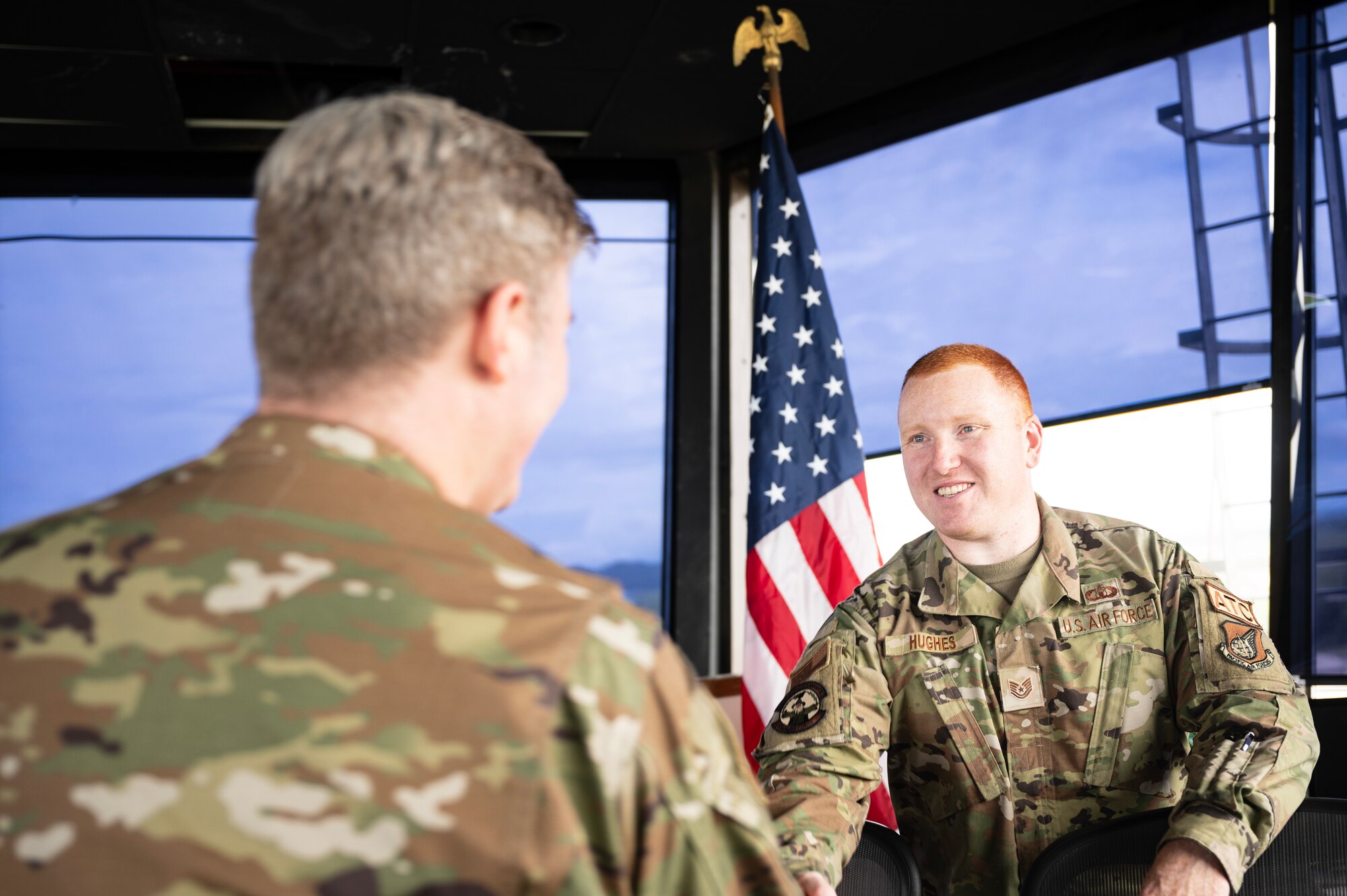7th Air Force command chief connects with Tech. Sgt. Stephen Hughes during his visit at Kunsan Air Base