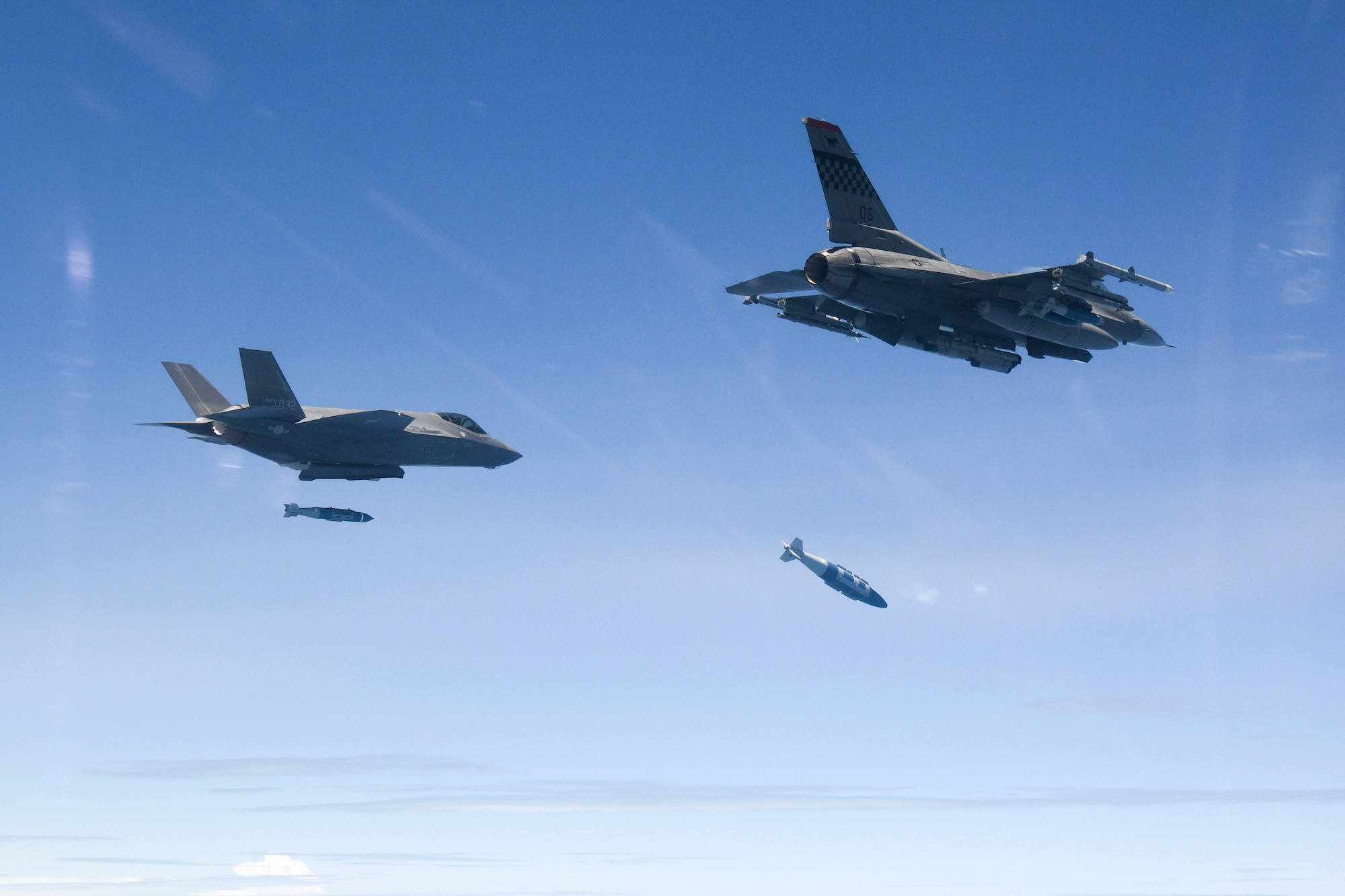 U.S. Seventh Air Force F-16 fighter aircraft joined Republic of Korea F-35A stealth fighters to conduct combined flight operations July 28, 2023, employing munitions at a live-fire training area off the west coast of the ROK.