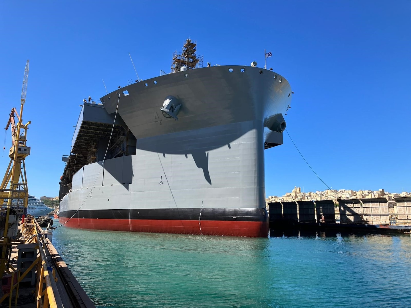VALLETTA, Malta – The Lewis B. Puller-class expeditionary sea base USS Hershel “Woody” Williams (ESB 4) undocks during its first Regular Overhaul (ROH), a planned maintenance period, in the European area of operations at Palumbo Shipyard Malta. ROHs are routine, planned maintenance periods providing necessary repairs, maintenance and modernization for the ship to operate at full technical capacity and mission capability for its entire designed service life. (U.S. Navy photo)