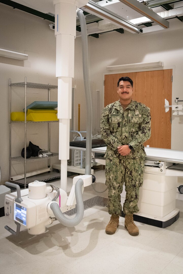 Hospitalman Miguel Rodriguez serves on the Radiology team aboard Naval Health Clinic Cherry Point. The Brownsville, Texas native recently passed the challenging America Registry of Radiologic Technologists Registry exam, earning himself the formal designation as a Radiologic Technologist.