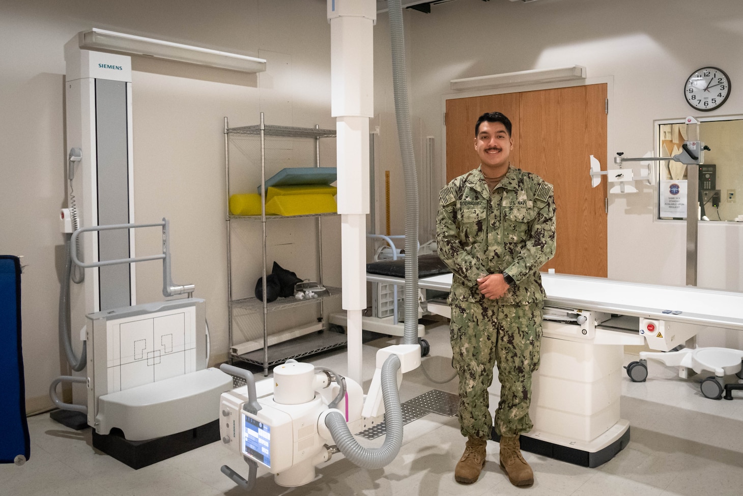 Hospitalman Miguel Rodriguez serves on the Radiology team aboard Naval Health Clinic Cherry Point. The Brownsville, Texas native recently passed the challenging America Registry of Radiologic Technologists Registry exam, earning himself the formal designation as a Radiologic Technologist.