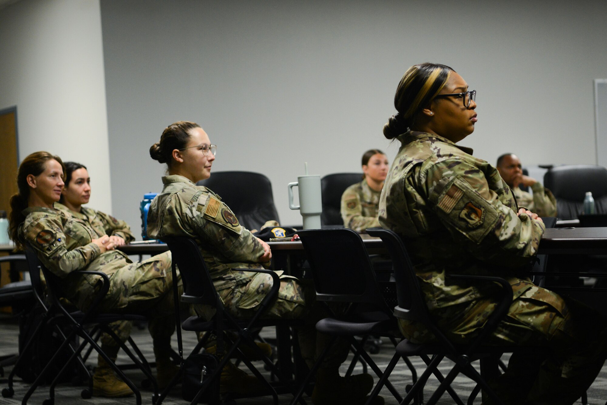 Minot Airmen listen to speaker Lt. Col. Fany
Colon de Hayes, 56th Force Support
Squadron commander, during the Air Force
Global Strike Command Women's Leadership
Symposium at Minot Air Force Base, North
Dakota, July 25, 2023. In order to reach more
Airmen the symposium consisted of an
interactive livestream and guest speakers
with messages focused on leading boldly.
(U.S. Air Force photo by Airman 1st Class
Alyssa Bankston)