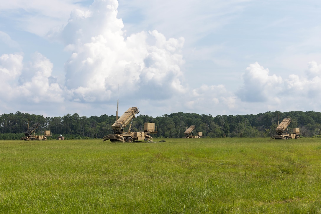 U.S. Army MIM-104 Patriot Missile Systems are set up for Exercise Razor Talon on Marine Corps Air Station (MCAS) Cherry Point, North Carolina, July 25, 2023. During this exercise, fighter jets, mobility aircraft, and contingency response assets from the Army, Marine Corps, and Air Force join forces to defend MCAS Cherry Point against simulated airborne threats. (U.S. Marine Corps photo by Cpl. Jade Farrington)