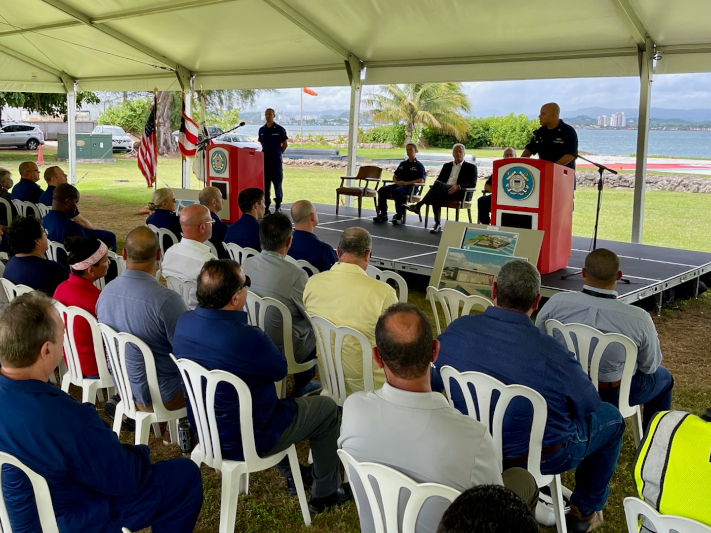 Coast Guard leadership breaks ground for new construction during a groundbreaking ceremony at Coast Guard Base and Sector San Juan, Puerto Rico, July 27, 2023. New construction includes a 40,000 square-foot multi-mission building, a 5,000 square-foot base facilities building, front gate entrance, shoreline armored revetment, and a boat ramp. (U.S. Coast Guard photo.)