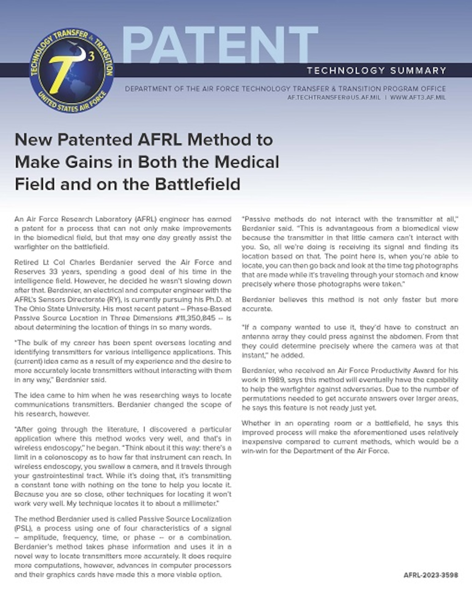 Thumbnail of New patented AFRL method to makes gains in both the medical field and on the battlefield.