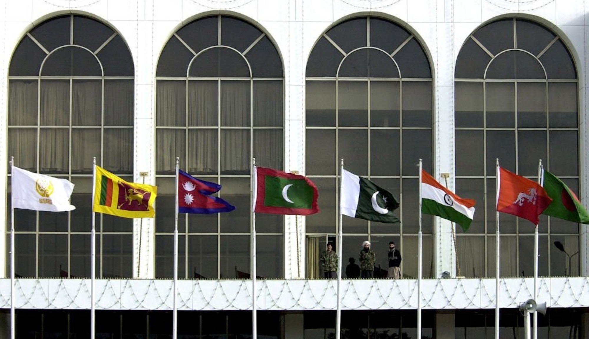 Flags of South Asian Association for Regional Cooperation countries flutter outside