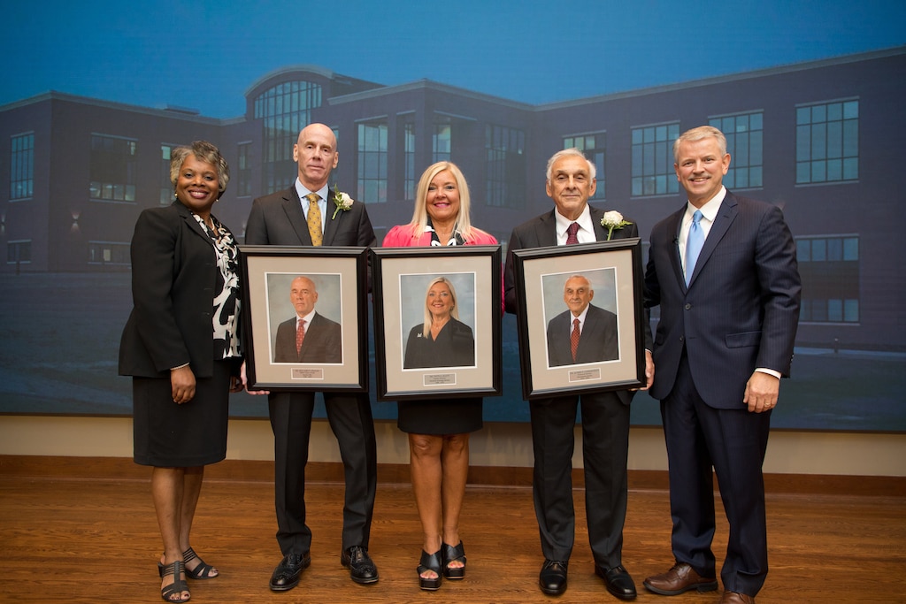 U.S. Army Engineer Research and Development Center (ERDC) Deputy Director Pat Sullivan, left, and Director Dr. David Pittman, right, pose with the 2023 inductees to the Waterways Experiment Station Gallery of Distinguished Civilian Employees at a ceremony on July 27, 2023. 
Dr. Bill Grogan, Ms. Patti Duett and Dr. Alfred Cofrancesco were inducted into the gallery, joining the ranks of those recognized with the highest honor a former ERDC-WES site employee could accomplish.