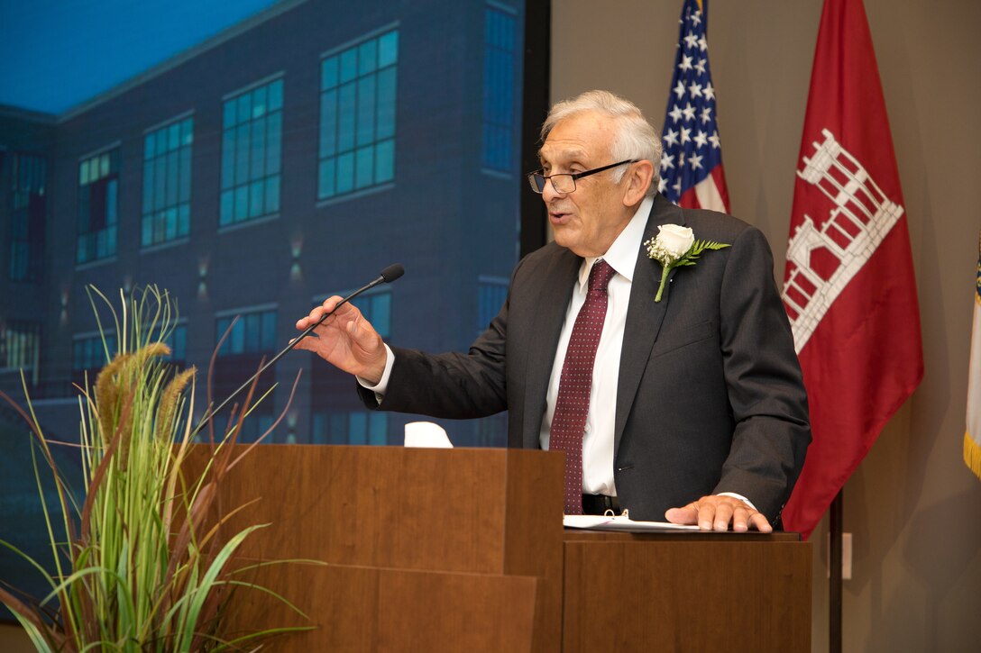 Dr. Alfred Cofrancesco addresses the crowd at the 2023 induction ceremony of the Waterways Experiment Station Gallery of Distinguished Civilian Employees on July 27, 2023.
Cofrancesco was inducted to the gallery alongside Ms. Patti Duett and Dr. Bill Grogan, joining the ranks of those recognized with the highest honor a former ERDC-WES site employee could accomplish.