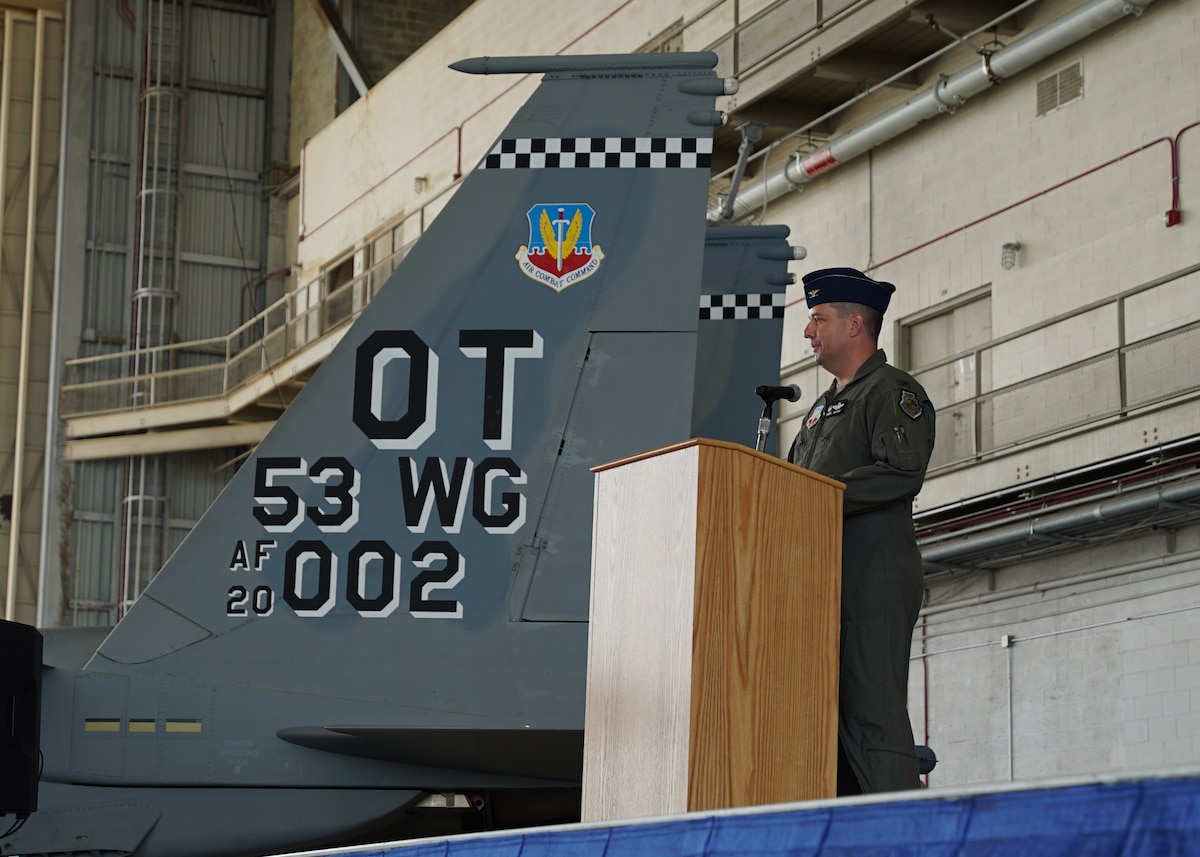 Col. Daniel Lehoski, commander of the 53rd Wing, speaks during a change of command ceremony at Eglin Air Force Base, Florida, July.21, 2023. Before taking command of the 53rd, Lehoski served as the Commandant of the U.S. Air Force Weapons School at Nellis Air Force Base, Nev. where he oversaw the training of expert tactical instructors and leaders focused on air, space, and cyber on behalf of the joint force. (U.S. Air Force photo by Capt. Lindsey Heflin)