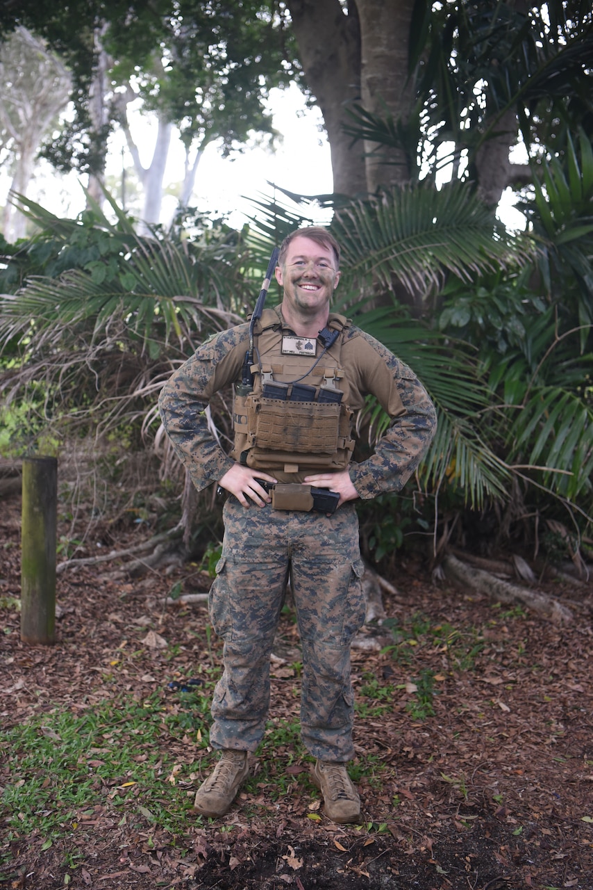 A Marine poses for a photo.