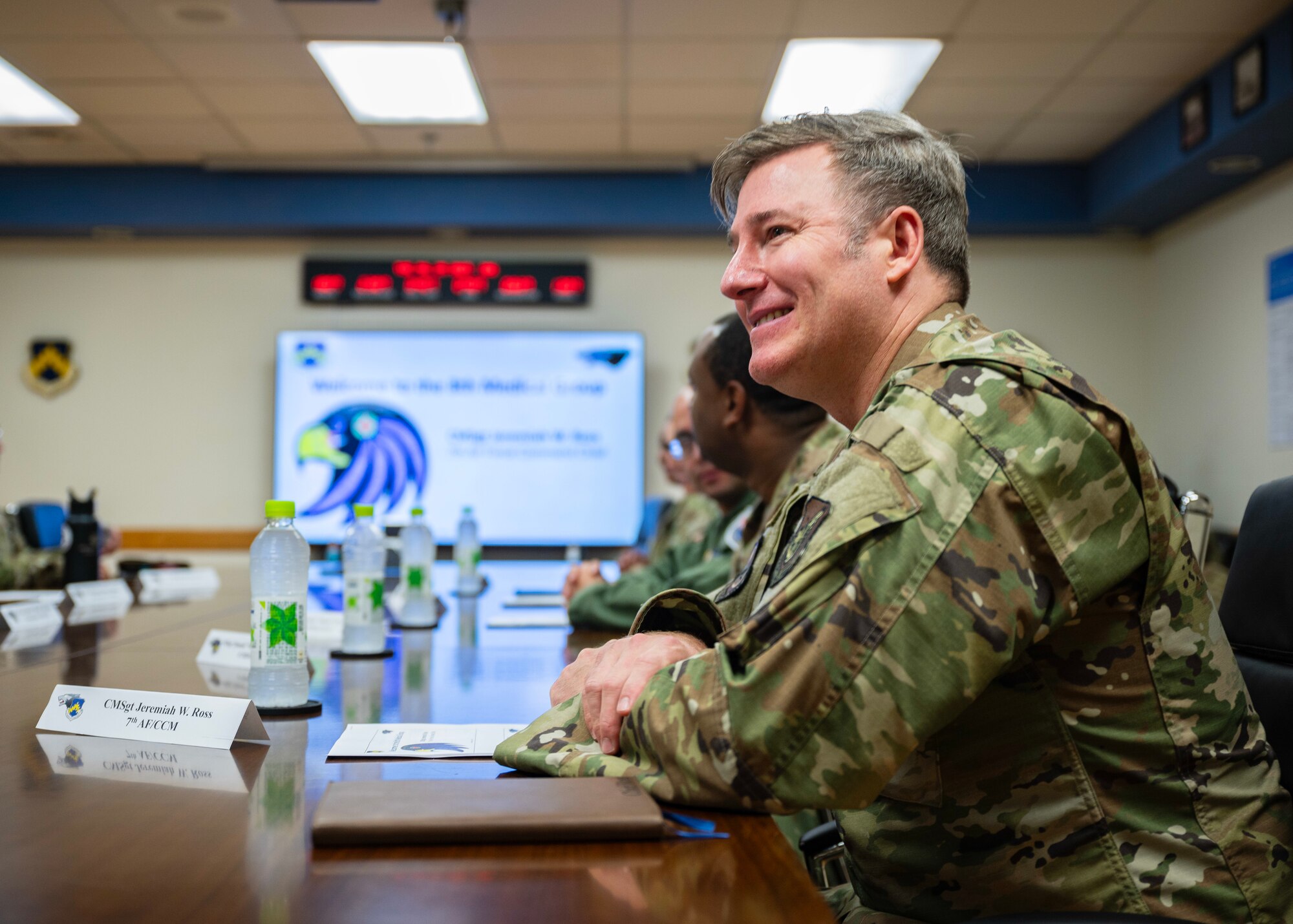 Chief Master Sgt. Jeremiah W. Ross, 7th Air Force command chief, prepares for a brief with 8th Medical Group leadership during his visit at Kunsan Air Base