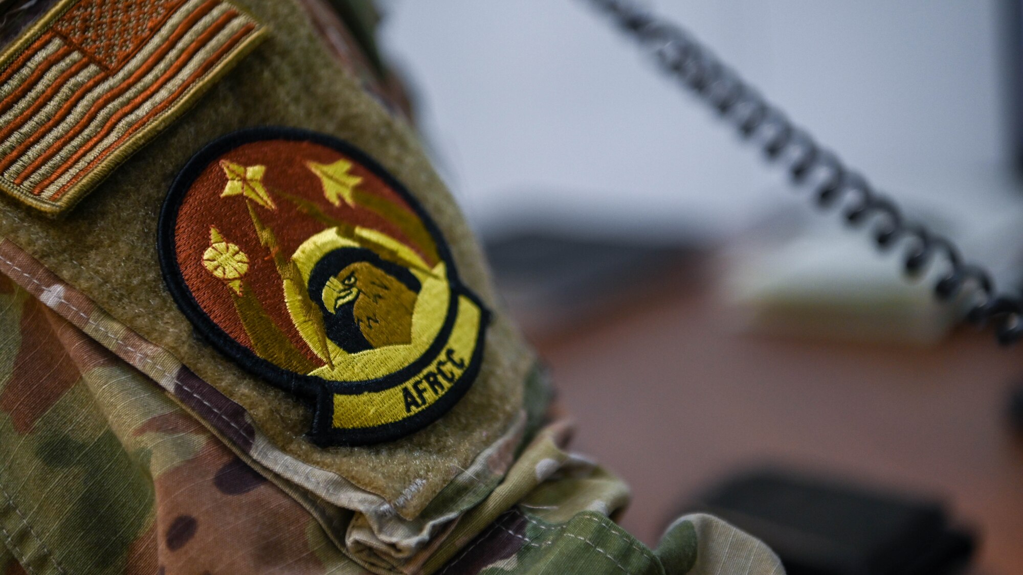 Military unit patch sits on uniform