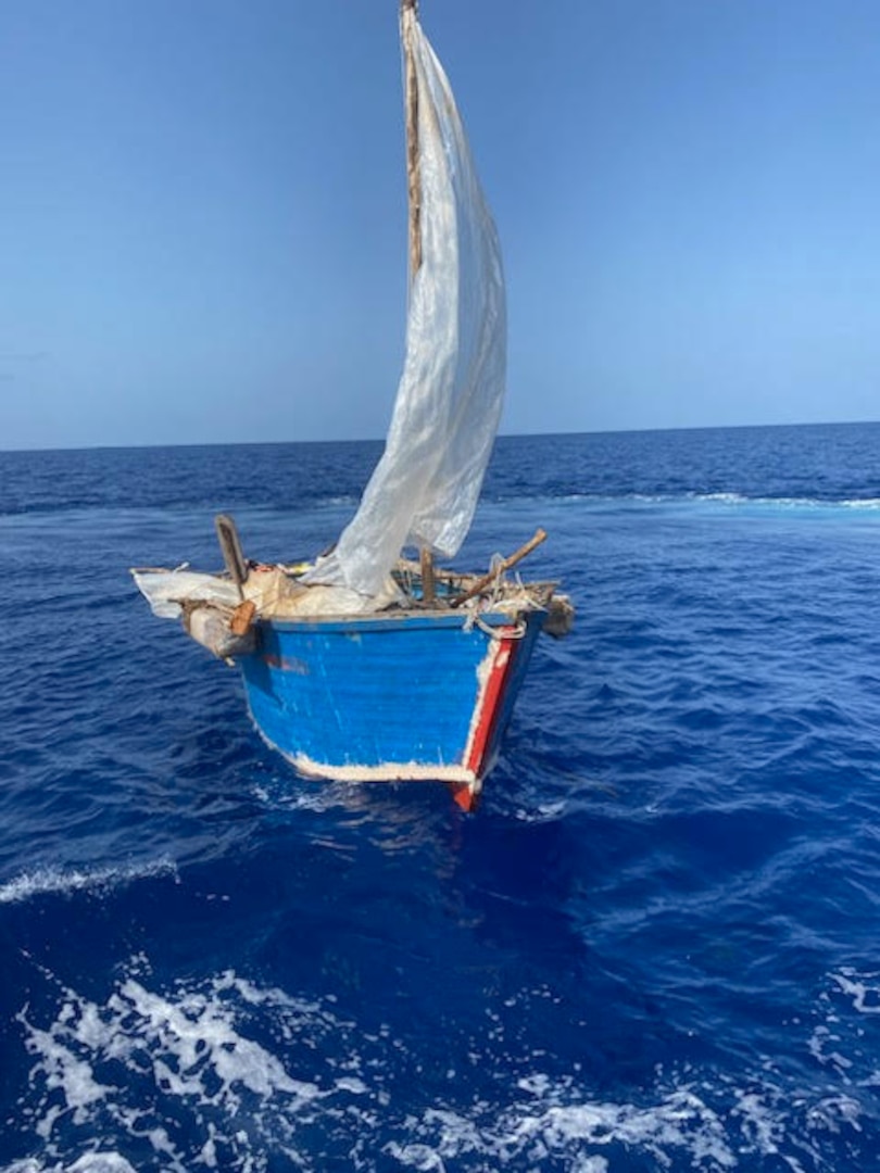 Coast Guard crew members from Station Islamorada interdict a rustic vessel approximately 20 miles southeast of Upper Matecumbe Key, Florida, July 23, 2023. The 20 people aboard the vessel were repatriated back to Cuba on July 28, 2023. (U.S. Coast Guard photo)