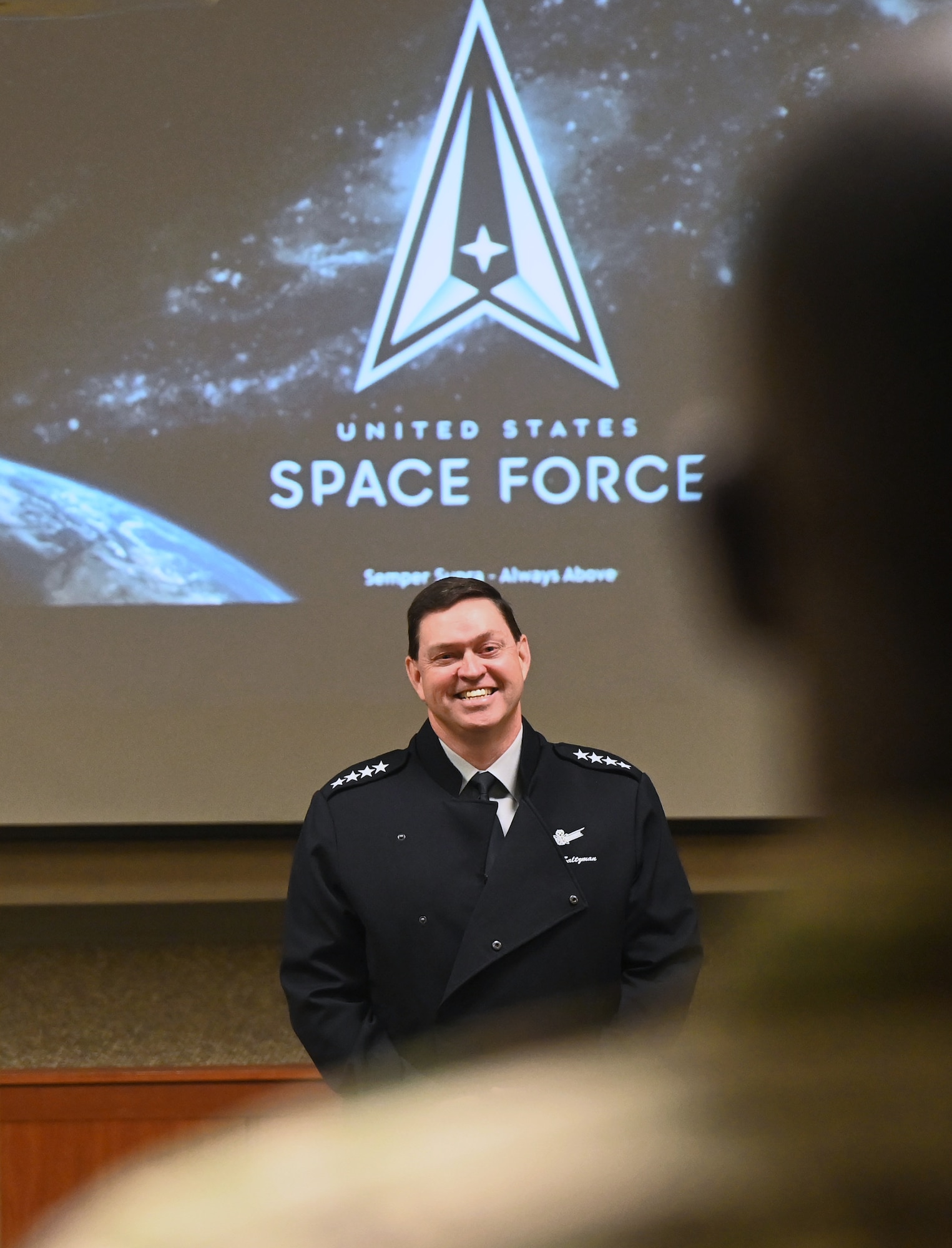Chief of Space Operations Gen. Chance Saltzman takes a question after addressing students at the Space Force’s inaugural officer Intermediate and Senior Level Education class at Johns Hopkins University, Washington, D.C., July 27, 2023. Saltzman welcomed the attendees and explained expectations for the coming academic year. (U.S. Air Force photo by Andy Morataya)