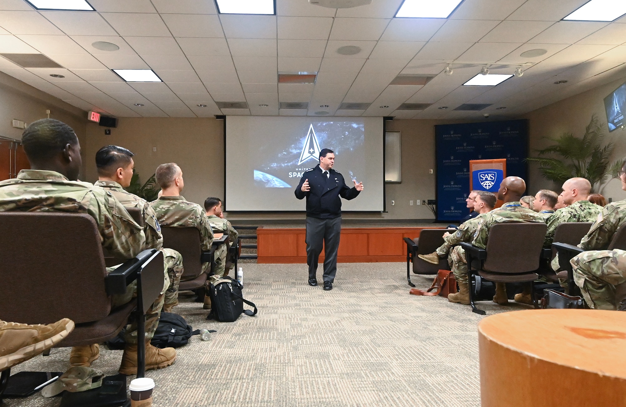 Chief of Space Operations Gen. Chance Saltzman addresses students at the Space Force’s inaugural officer Intermediate and Senior Level Education class at Johns Hopkins University, Washington, D.C., July 27, 2023. Saltzman welcomed the attendees and explained expectations for the coming academic year. (U.S. Air Force photo by Andy Morataya)