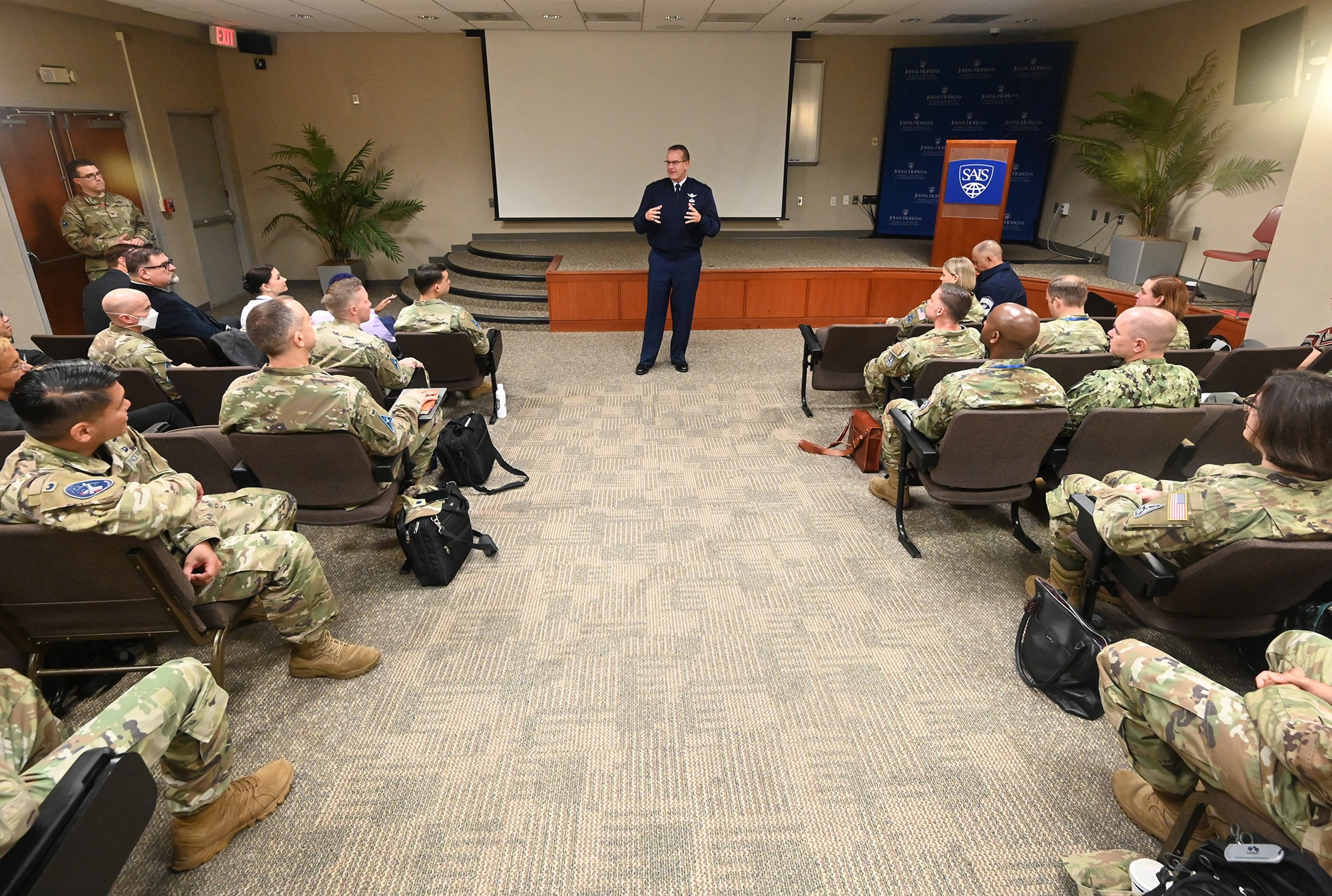 Commander of Space Training and Readiness Command, U.S. Space Force Brig. Gen. Timothy Sejba, addresses students at the Space Force’s inaugural officer Intermediate and Senior Level Education class at Johns Hopkins University, Washington, D.C., July 27, 2023. (U.S. Air Force photo by Andy Morataya)