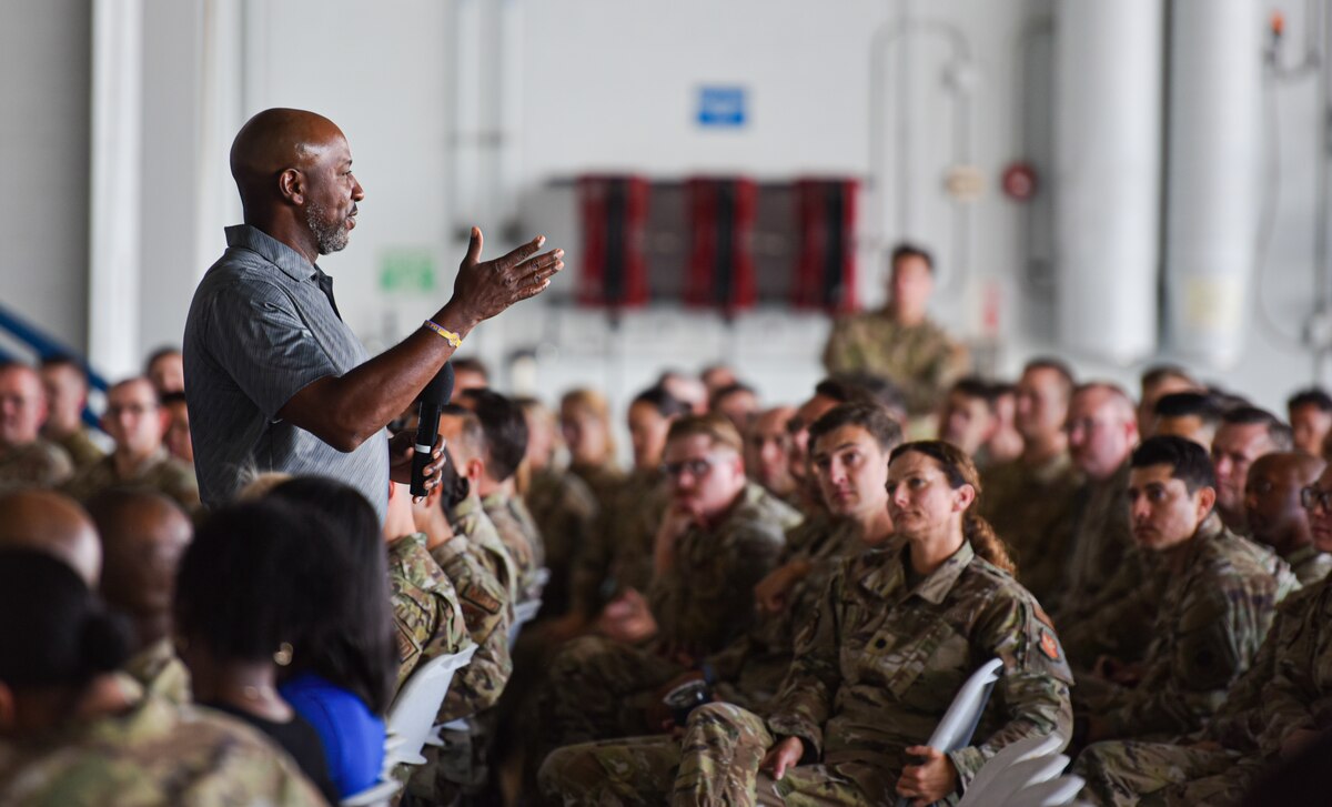 Kaleth Wright, CEO of the Air Force Aid Society, and Chief Master Sgt. of the Air Force (ret.) speaks with Airmen from across the 15th Wing during an all-call at Joint Base Pearl Harbor-Hickam, Hawaii, July 27, 2023. Wright was the 18th Chief Master Sgt. of the Air Force and served as the personal advisor to the Secretary of the Air Force and the Chief of Staff on all issues regarding the welfare, readiness, morale, proper utilization, and professional development of the enlisted force. (U.S. Air Force photo by Tech. Sgt. Anthony Nelson Jr.)