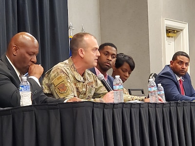 Maj. Gen. Edward Vaughan, Director of Space Operations for the National Guard Bureau, (second from left), delivered remarks on July 26, 2023, at The Great Gathering in Montgomery, Alabama in commemoration of the 75th Anniversary of President Truman's Executive Order Integrating the Armed Forces.