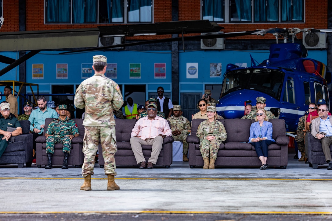 Guyana leadership and foreign dignitaries receive a brief about the operations of TRADEWINDS 23 at Air Base London, Guyana, July 26, 2023.