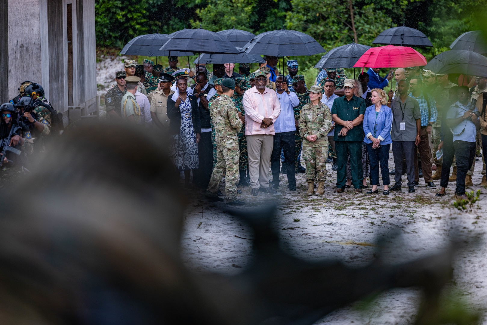 Guyana leadership and foreign dignitaries receive a live, mock display of the operations of TRADEWINDS 23 at Camp Stephenson, Guyana, July 26, 2023.