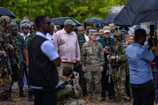 Guyana leadership and foreign dignitaries receive briefing about the operations of TRADEWINDS 23 at Camp Stephenson, Guyana, July 26, 2023.