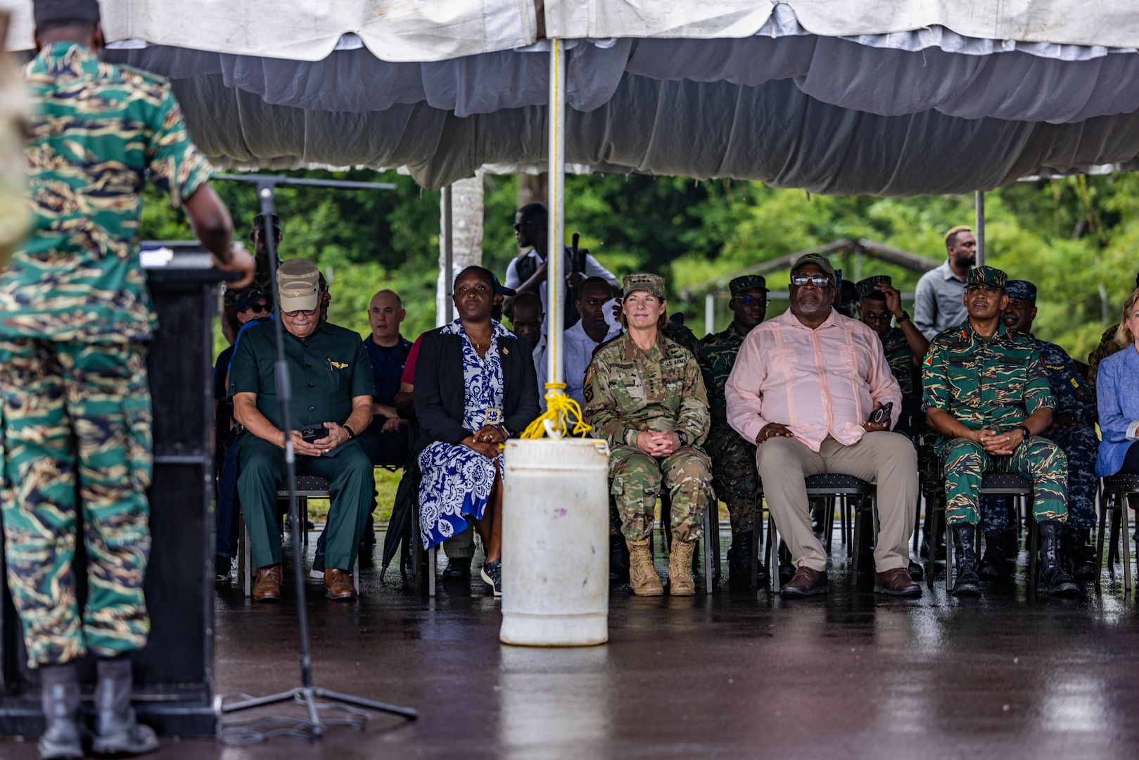 Guyana leadership and foreign dignitaries attend an Airborne Wing Exchange ceremony at TRADEWINDS 23 on Camp Stephenson, Guyana, July 26, 2023.