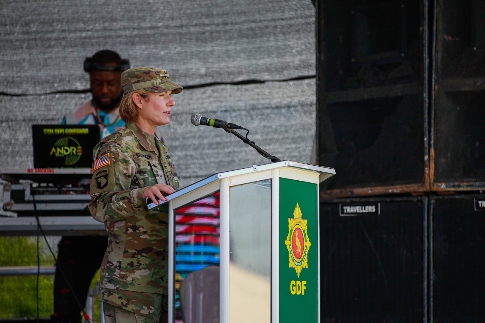 U.S. Army Gen. Laura Richardson, Commander of U.S. Southern Command gives a speech during the closing ceremony for Tradewinds 2023 at Arthur Chung Conference Centre, Guyana on July 27, 2023.