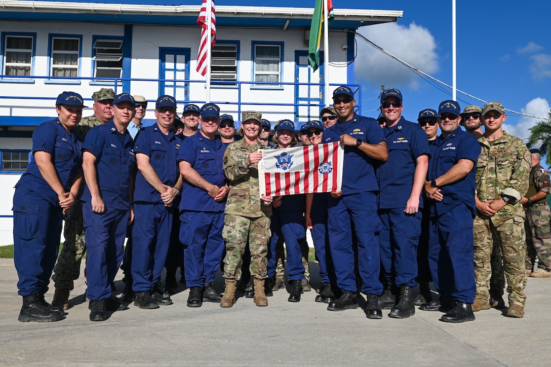 U.S. Coast Guard members pose for a group photo with Gen. Laura Richardson, commander, U.S. Southern Command, during Tradewinds 2023, July 26, 2023, in Georgetown, Guyana.