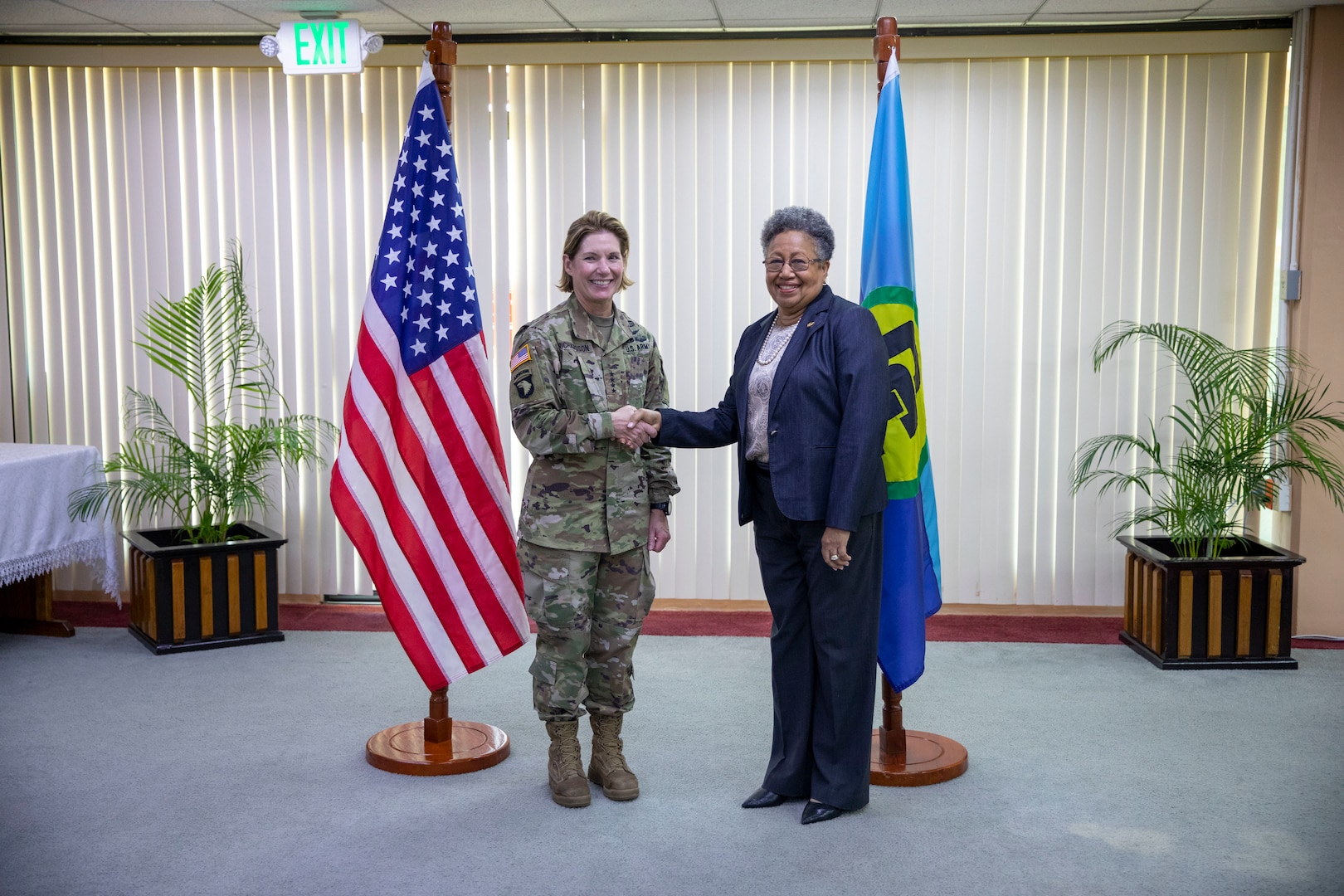 The commander of U.S. Southern Command, U.S Army Gen. Laura Richardson, meets with CARICOM Secretary General Dr. Carla Natalie Barnett to discuss regional security, including cyber security and climate change.