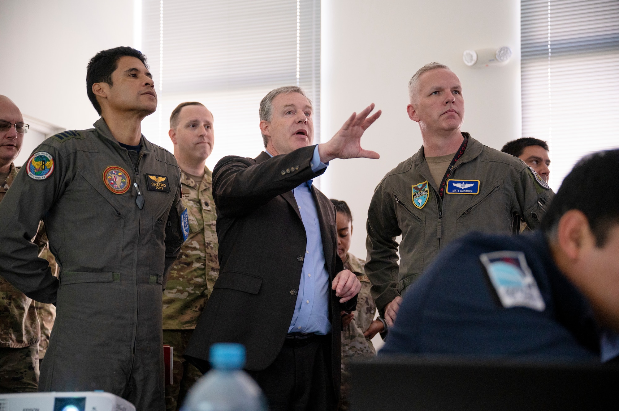 U.S. Air Force Col. Matt McKinney, Resolute Sentinel 23 Combined Joint Task Force Commander, and Fuerza Aérea del Perú Col. Fidel Castro, Resolute Sentinel 23 CJTF Deputy Commander, conduct a tour at the Centro Nacional de Operaciones de Imágenes Satelitales, Lima, Peru, July 4, 2023, as part of Resolute Sentinel 23. The space exercise, led by U.S. Southern Command in partnership with U.S. Space Command’s Joint Task Force Space Defense Commercial Operations (JCO) Cell, the Peruvian Aerospace Research and Development Center (CONIDA), and the Peruvian Air Force, aims to bolster the region's emerging space programs.  (U.S. Air Force photo by Staff Sgt. Matthew Matlock)