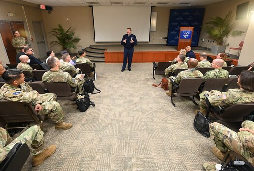 Commander of Space Training and Readiness Command, U.S. Space Force Brig. Gen. Timothy Sejba, addresses students at the Space Force’s inaugural officer Intermediate and Senior Level Education class at Johns Hopkins University, Washington, D.C., July 27, 2023. (U.S. Air Force photo by Andy Morataya)