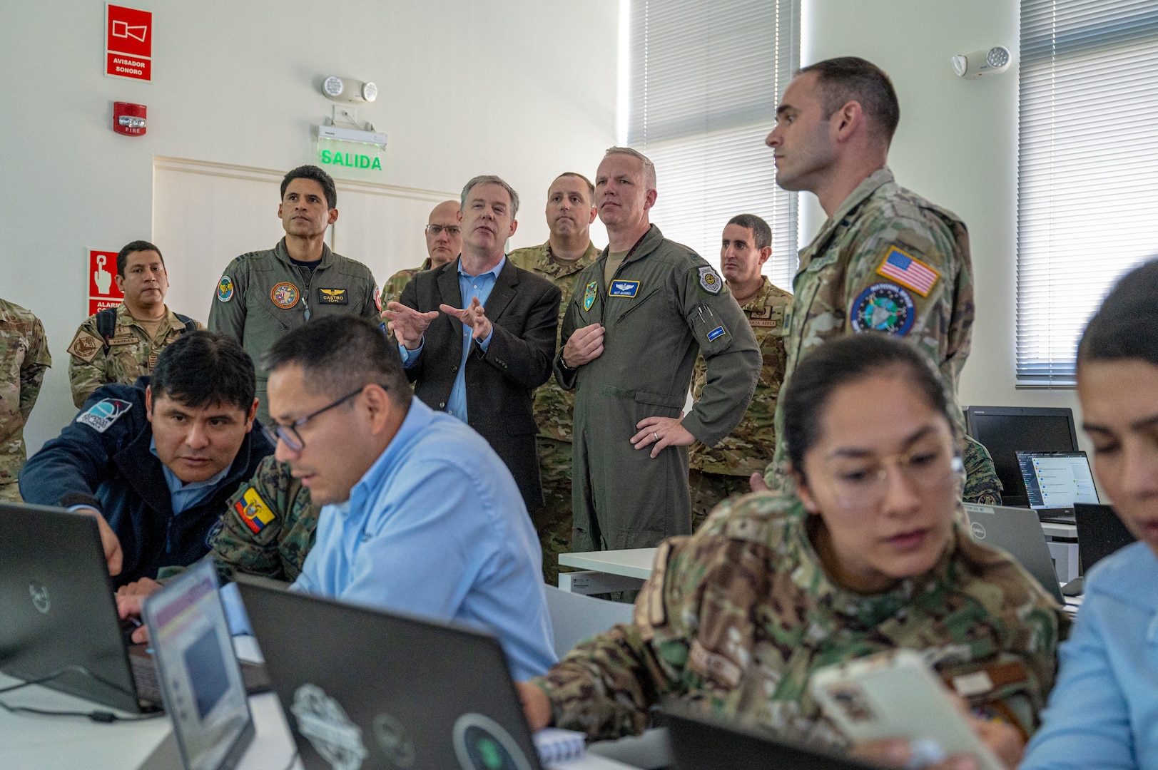 U.S. Air Force Col. Matt McKinney, Resolute Sentinel 23 Combined Joint Task Force Commander, and Fuerza Aérea del Perú Col. Fidel Castro, Resolute Sentinel 23 CJTF Deputy Commander, conduct a tour at the Centro Nacional de Operaciones de Imágenes Satelitales, Lima, Peru, July 4, 2023, as part of Resolute Sentinel 23. The space exercise, led by U.S. Southern Command in partnership with U.S. Space Command’s Joint Task Force Space Defense Commercial Operations (JCO) Cell, the Peruvian Aerospace Research and Development Center (CONIDA), and the Peruvian Air Force, aims to bolster the region's emerging space programs.  (U.S. Air Force photo by Staff Sgt. Matthew Matlock)
