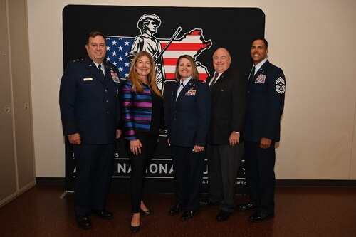 Maj. Gen. Gary Keefe, from left, The Adjutant General of Massachusetts, Under Secretary of Commerce for Intellectual Property and Director of the U.S. Patent and Trademark Office Kathi Vidal, Col. Taona Enriquez, installation commander, Joe Bradley, director of the Cyber Resiliency Office for Weapon Systems, and Chief Master Sgt. Alan Weary, installation command chief, stand for a photo at the Entrepreneurship Essentials Workshop and resource fair held at Hanscom Air Force Base, Mass., July 28. The event was hosted by the U.S. Department of Commerce and USPTO, in partnership with Hanscom AFB, to deliver resources to military spouses, veterans, and transitioning service members interested in starting a business. (U.S. Air Force photo by Todd Maki)