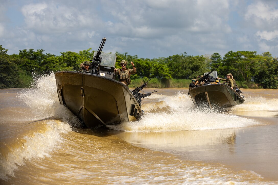 U.S. Marines with 4th Amphibious Assault Battalion, 4th Marine Division, and Marines from multiple partner nations float down the Río Sinú during riverine operations and small boat training at UNITAS LXIV near Base de Entrenamiento de Infantería de Marina in Coveñas, Colombia, July 15, 2023. Through event-driven scenarios, UNITAS provides unique training opportunities both at sea and ashore in challenging and uncertain environments to conduct joint maritime operations through the execution of surface, air, amphibious and electronic warfare operations that enhance warfighting proficiency and increase interoperability among participating naval and marine forces.