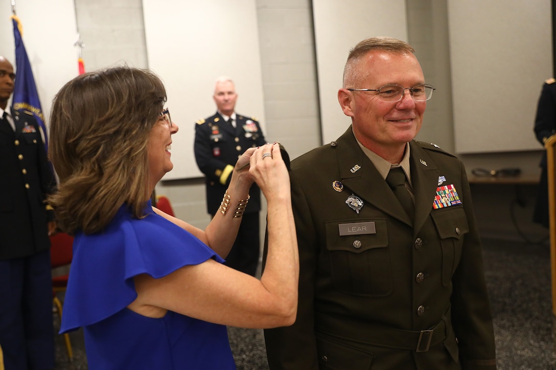 Brig. Gen. Joseph D. Lear speaks to friends and family during a ceremony in Frankfort, Ky., July 26, 2023