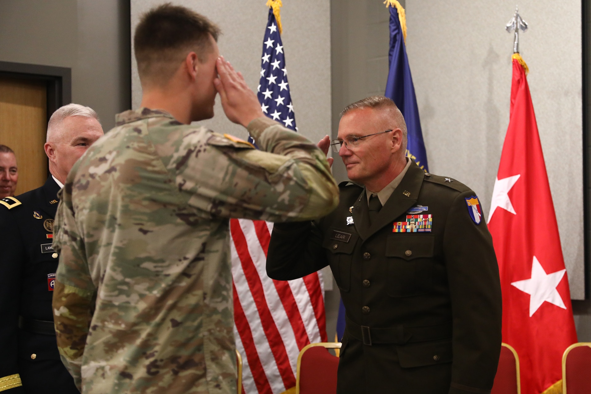Brig. Gen. Joseph D. Lear speaks to friends and family during a ceremony in Frankfort, Ky., July 26, 2023
