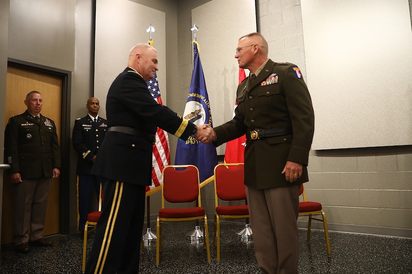 Brig. Gen. Joseph D. Lear speaks to friends and family during a ceremony in Frankfort, Ky., July 26, 2023