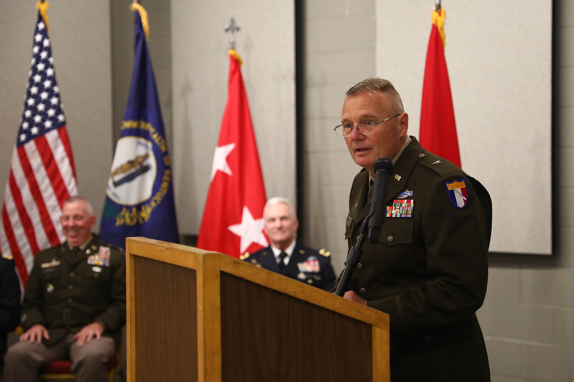 Brig. Gen. Joseph D. Lear speaks to friends and family during a ceremony in Frankfort, Ky., July 26, 2023
