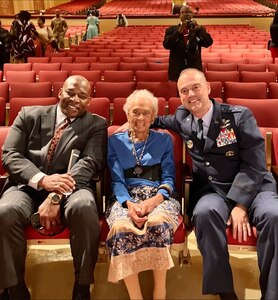 Maj. Gen. Edward Vaughan, Director of Space Operations for the National Guard Bureau, (right), is seated with Dr. Gerald Curry, (left), Director, Air Force Review Boards Agency, and World War II U.S. Army Private Romay Davis, the oldest living member of the famed 6888th Central Postal Battalion, the first all-female, African American military unit to deploy to continental Europe during the war, on July 26, 2023, in the Davis Theater, downtown Montgomery, Alabama, commemorating the 75th anniversary of President Truman’s Executive Order desegregating the military.