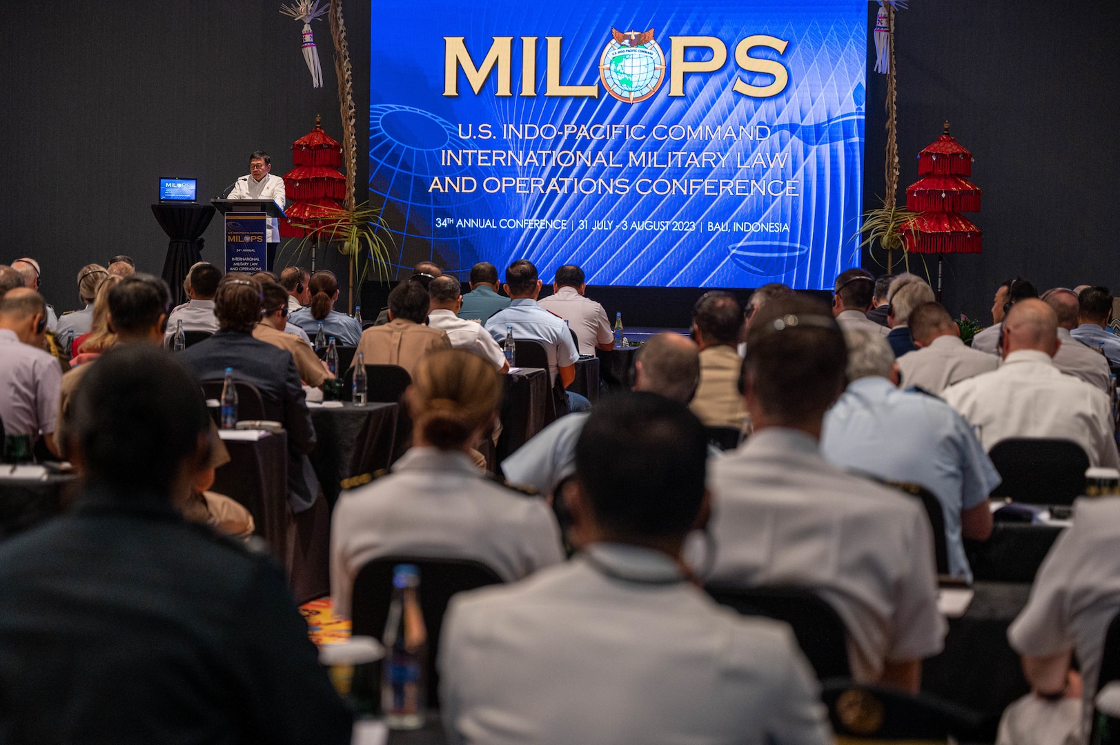BALI, Indonesia (July 31, 2023) Retired Lt. Gen. Muhammad Herindra, Indonesian Deputy Defense Minister, speaks at the 34th annual Military Law and Operations Conference (MILOPS 23) in Bali, Indonesia. Hosted by USINDOPACOM and the Indonesian Ministry of Defense, MILOPS 23 included participants from 34 nations and international organizations who engaged in discussions and dialogue to expand cooperation and uphold international law, rules and norms in the region. USINDOPACOM is committed to enhancing stability in the Indo-Pacific region by promoting security cooperation, encouraging peaceful development, responding to contingencies, deterring aggression and, when necessary, fighting to win. (U.S. Navy photo by Chief Mass Communication Specialist Shannon M. Smith)