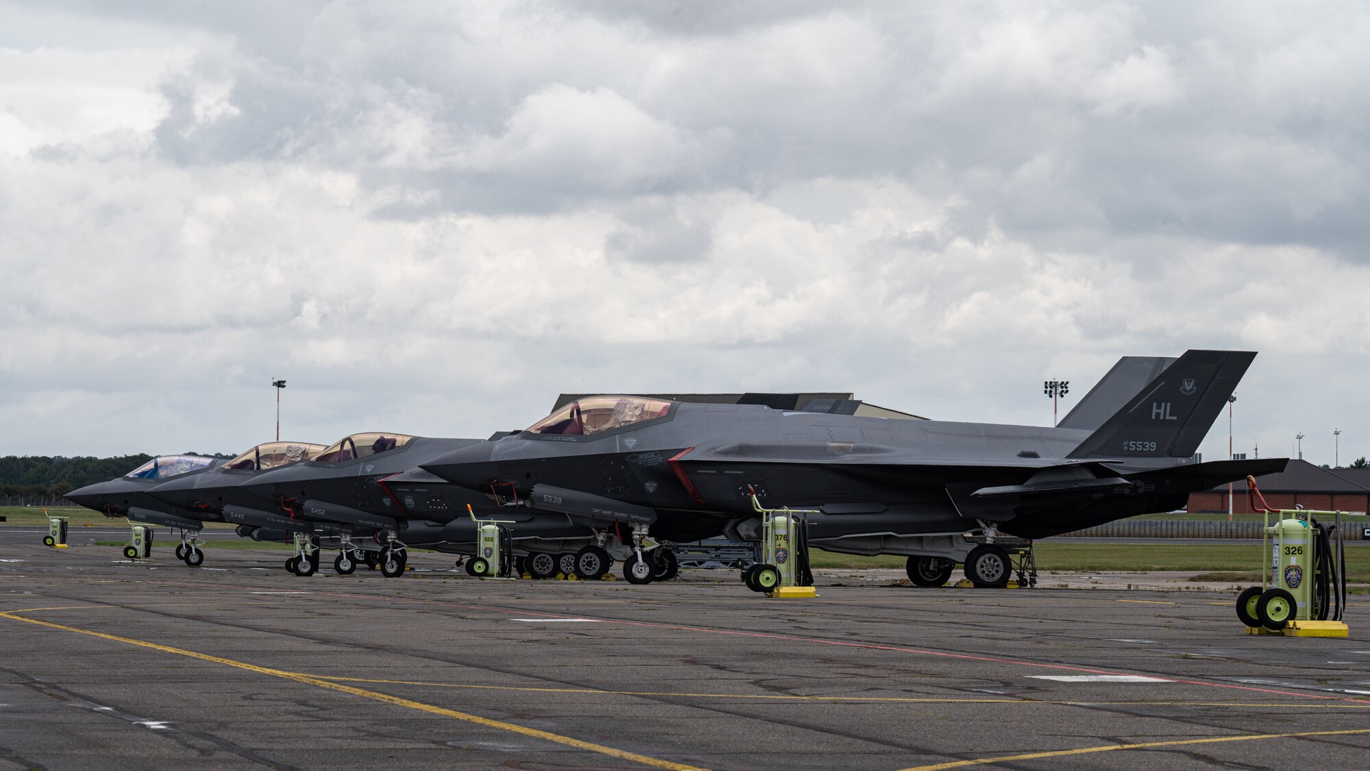 U.S. Air Force F-35A Lightning II aircraft assigned to 388th Fighter Wing, Hill Air Force Base, Utah, are parked on the flightline at Royal Air Force Mildenhall, England, July 24, 2023.