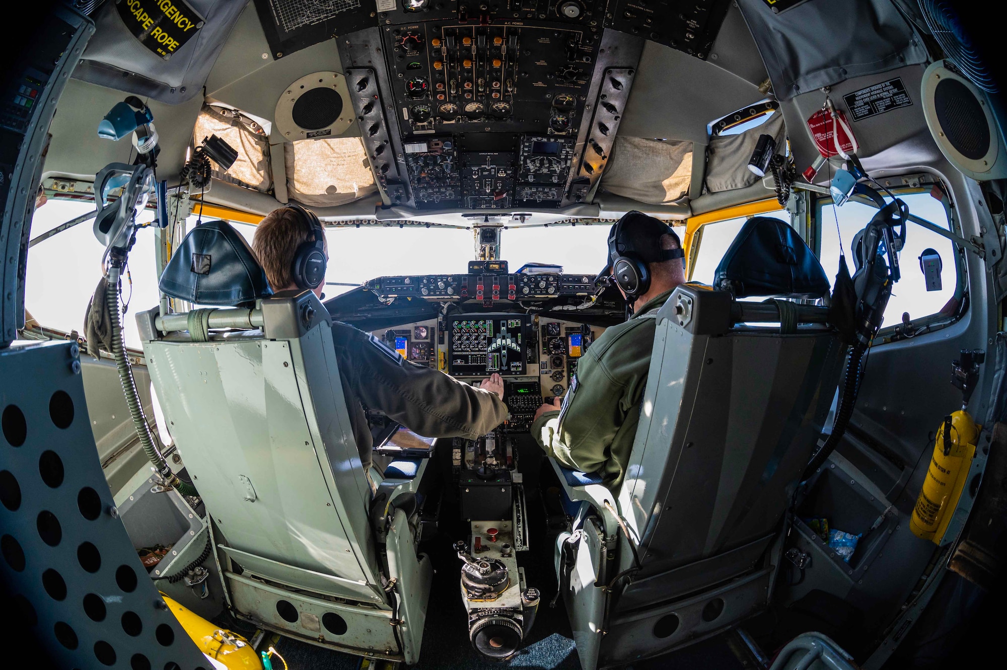 U.S. Air Force Capt. Jared Griffith, and 1st Lt. Jared Ecklund, 351st Air Refueling Squadron KC-135 Stratotanker aircraft pilots, fly during a coronet line over the mediterranean, July 25, 2023.