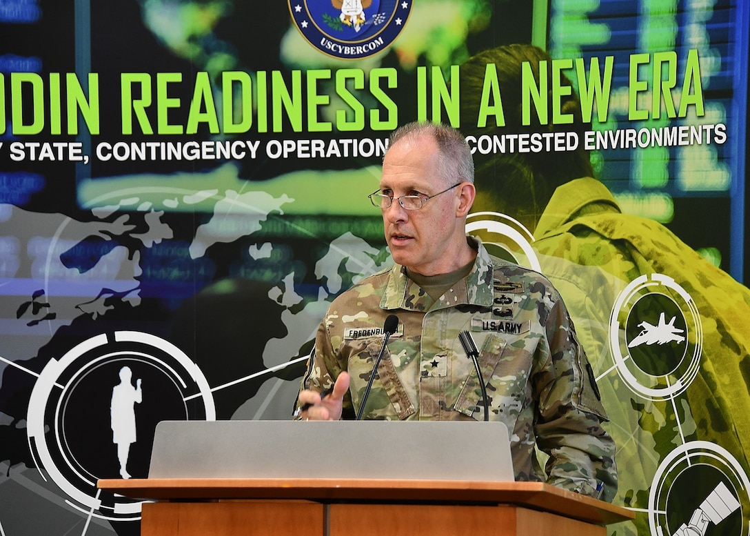 Army Brig. Gen. Paul H. Fredenburgh III, Deputy Commander of Joint Force Headquarters-Department of Defense Information Network, speaks virtually to commanders, directors, deputies, and chief information officers from more than 25 defense agencies and field activities during the fourth Annual Defense Agency, Field Activity Senior Leader Engagement held on Sept. 15-16. This annual event enables DoD senior leaders to engage in executive-level dialogue with JFHQ-DODIN staff regarding strategic and operational topics critical to the DODIN and defensive cyberspace operations.