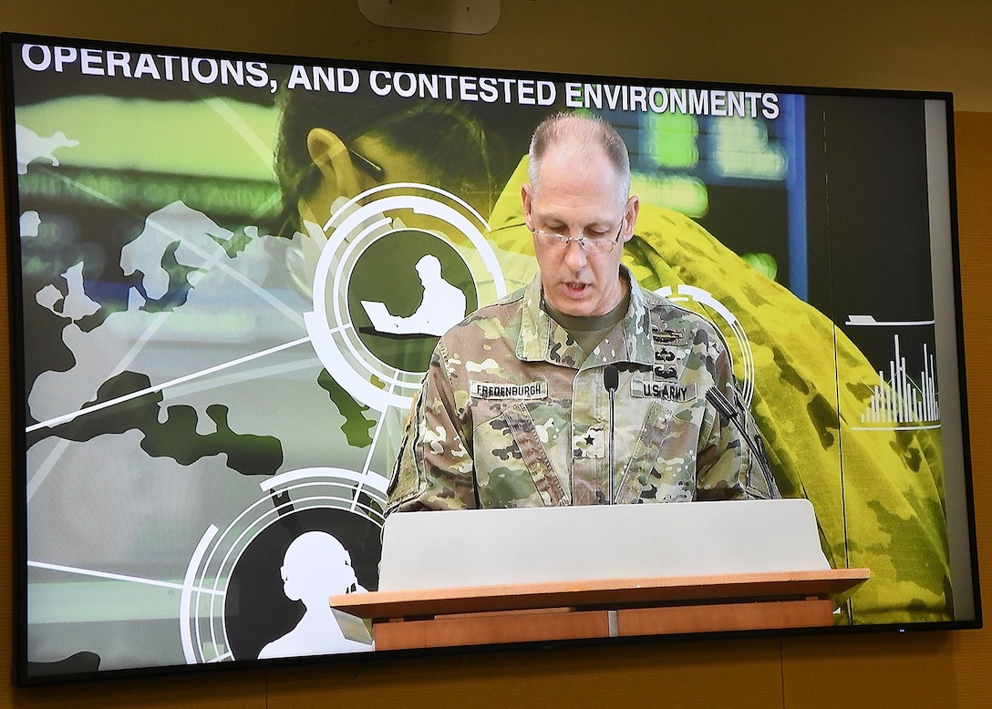 Army Brig. Gen. Paul H. Fredenburgh III, Deputy Commander of Joint Force Headquarters-Department of Defense Information Network, speaks virtually to commanders, directors, deputies, and chief information officers from more than 25 defense agencies and field activities during the fourth Annual Defense Agency, Field Activity Senior Leader Engagement held on Sept. 15-16. This annual event enables DoD senior leaders to engage in executive-level dialogue with JFHQ-DODIN staff regarding strategic and operational topics critical to the DODIN and defensive cyberspace operations.