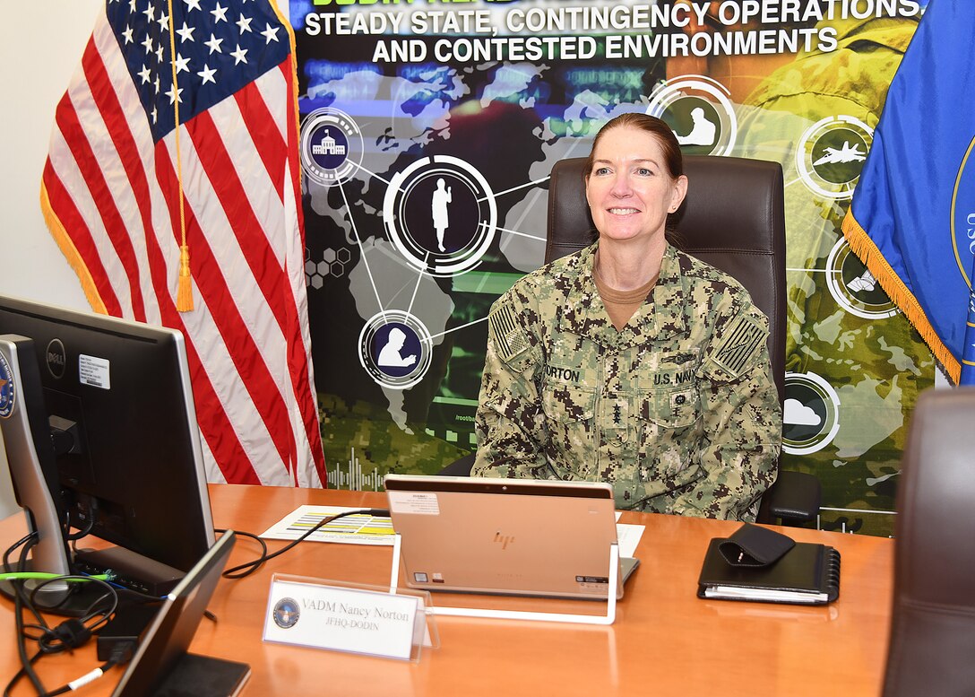 Navy Vice Admiral Nancy A. Norton, Commander, Joint Force Headquarters-Department of Defense Information Network, speaks virtually to commanders, directors, deputies, and chief information officers from more than 25 defense agencies and field activities during the fourth Annual Defense Agency, Field Activity Senior Leader Engagement held on Sept. 15-16. This annual event enables DoD senior leaders to engage in executive-level dialogue with JFHQ-DODIN staff regarding strategic and operational topics critical to the DODIN and defensive cyberspace operations.