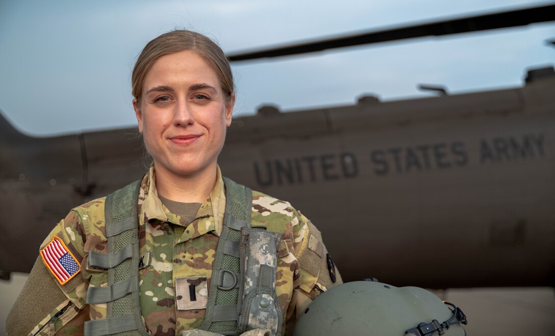 U.S. Army 1st Lt. Cassandra Frederick, platoon leader and UH-60 Black Hawk pilot assigned to Bravo Company, 2/147th Assault Helicopter Battalion, inspects the rotors of a UH-60 Black Hawk on Boone National Guard Center in Frankfort, Ky., July 27, 2023