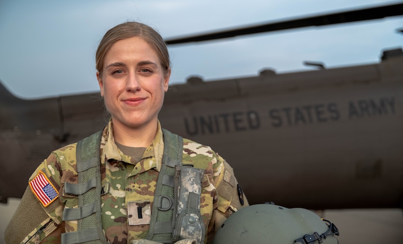 U.S. Army 1st Lt. Cassandra Frederick, platoon leader and UH-60 Black Hawk pilot assigned to Bravo Company, 2/147th Assault Helicopter Battalion, inspects the rotors of a UH-60 Black Hawk on Boone National Guard Center in Frankfort, Ky., July 27, 2023