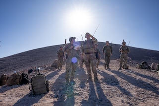 A Joint Terminal Attack Controller from Chile calls in an airstrike on a range outside Antofagasta, Chile, during exercise Southern Star 23, July 24, 2023.