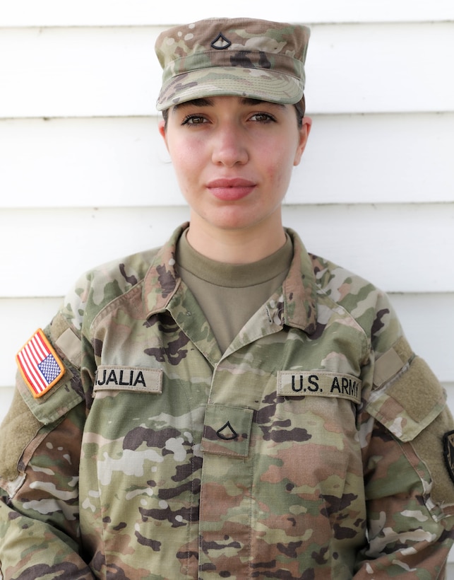 U.S. Army Pfc. Ana Janjalia, a supply specialist with Headquarters and Headquarters Company, 213th Regional Support Group, Pennsylvania Army National Guard, poses for a portrait July 30, 2023, at Fort Stewart. Janjalia immigrated from Georgia with her family five years ago.