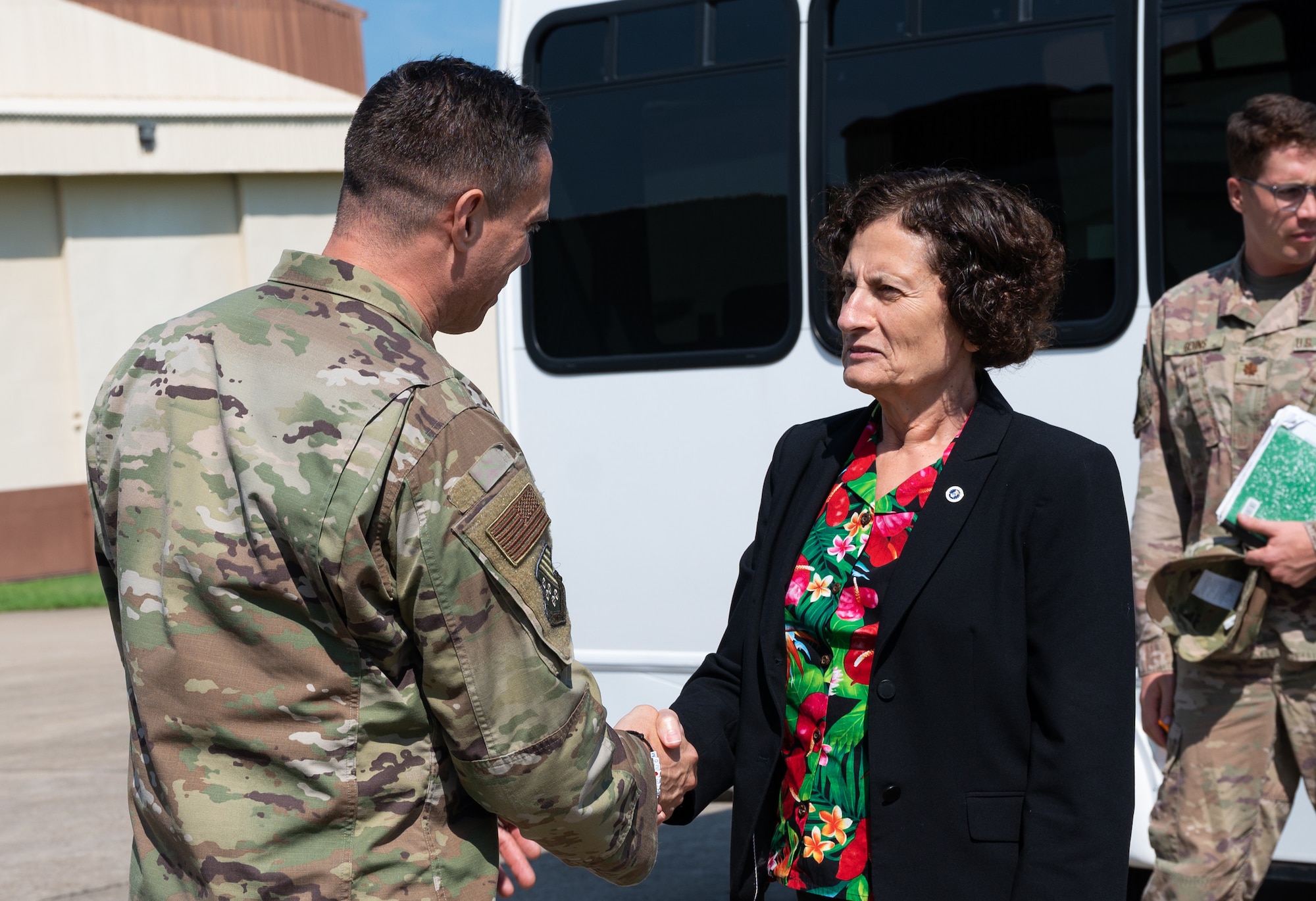 The Chief Scientist of the Air Force visits the 1st Fighter Wing, talks with leaders, and views and F-22 Raptor.
